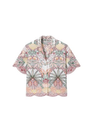 Wit overhemd met korte mouwen en kleurrijke tropische borduursels met palmbomen, schelpen, bloemen en apen in rood, groen, geel en oranje.