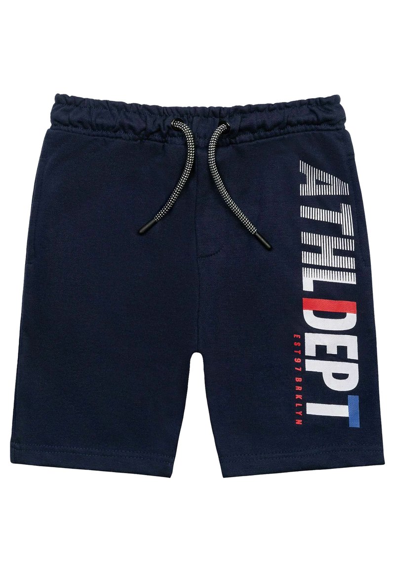 Shorts de sport bleu marine en tissu doux, avec un cordon noir et un texte graphique blanc/rouge sur le côté.