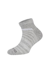 Szare skarpetki za kostkę z jasnoszarymi paskami, prążkowanym mankietem i miękką teksturą. Posiadają wzmocniony pięty i palce dla dodatkowej trwałości.