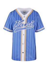 Maglia da baseball blu con strisce bianche, caratterizzata da una placca di bottoni bianca, accenti beige e logo "Kani" in bianco sul davanti.