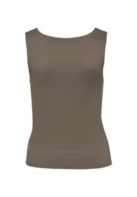 Brązowy bezrękawnik wykonany z gładkiego, elastycznego materiału z okrągłym dekoltem i dopasowanym krojem, nie posiadający widocznych wzorów ani akcentów.