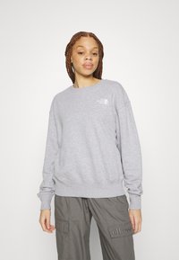 Felpa grigia con collo a giro e spalle scese, con il logo The North Face sul petto sinistro. Abbinata a pantaloni cargo grigi.