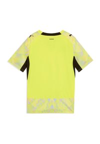 Chemise à manches courtes en jaune vif avec des accents noirs sur les côtés. Présente un motif géométrique irisé à l'ourlet et un marquage au niveau de l'encolure arrière.