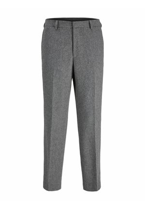 Gray wool blend trousers with a straight cut, featuring a flat front, belt loops, and a textured finish.