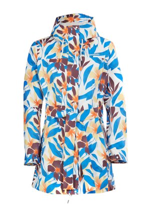 Farverig blomsterregnjakke med blå, orange og brune bladmønstre, indsnævret talje med bælte og hætte med snore.
