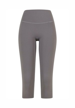 Grå capri leggings laget av glatt, elastisk stoff med bred midjebånd og uten synlige sømmer, designet for komfort og bevegelighet.
