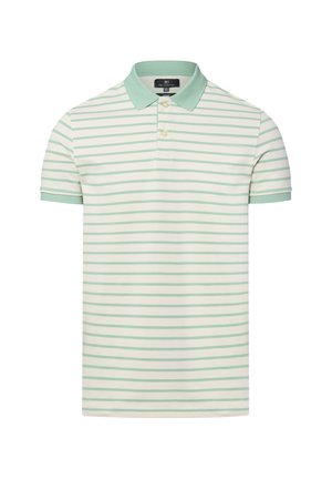 Polo à col, fabriqué en tissu léger. Présente des rayures horizontales vert clair et blanches, avec deux boutons à la patte.