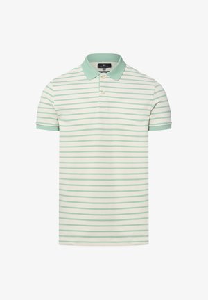 Polohemd mit Kragen, hergestellt aus leichtem Stoff. Es verfügt über hellgrüne und weiße horizontale Streifen sowie zwei Knöpfe an der Knopfleiste.