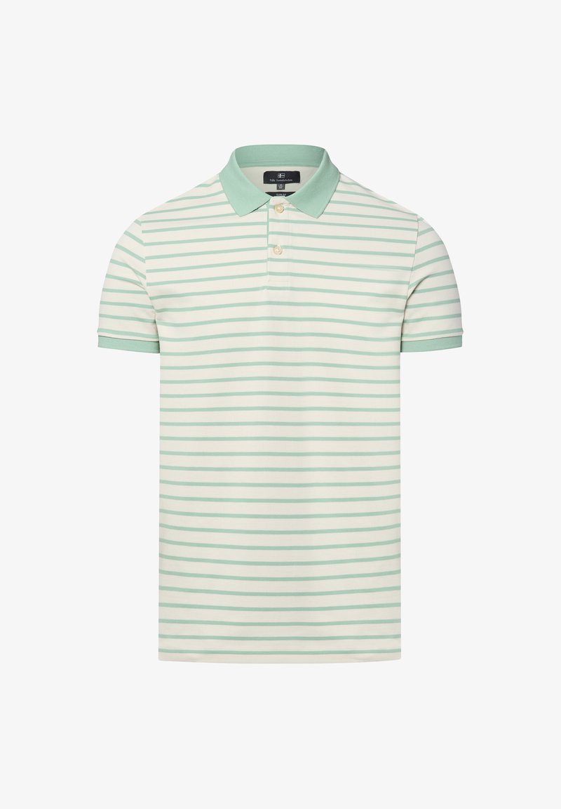 Polohemd mit Kragen, hergestellt aus leichtem Stoff. Es verfügt über hellgrüne und weiße horizontale Streifen sowie zwei Knöpfe an der Knopfleiste.