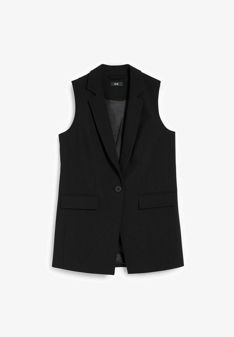 Zwart mouwloos blazer met ingesneden revers, enkele knoopsluiting en voorzakken met klep, weergegeven op een witte achtergrond.