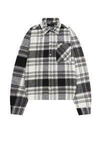 Schwarz-weißer Karoshirt, aus Baumwollstoff, mit langen Ärmeln, Button-Down-Kragen, einer einzelnen Brusttasche mit diagonalen Mustern, gerader Schnitt.