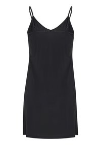 Black slip dress made of smooth fabric, featuring thin adjustable straps, a V-neckline, and a straight cut with side slits.