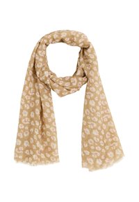 Bufanda beige con un sutil estampado de leopardo en rosa y blanco, hecha de un tejido suave y texturizado, con bordes deshilachados.