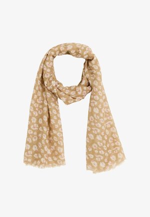 Écharpe beige avec un subtil imprimé léopard en rose et blanc, fabriquée en tissu doux et texturé, avec des bords effilochés.