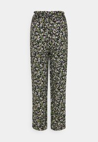 Pantalones con estampado floral sobre un fondo negro, con pequeñas flores moradas y verdes, piernas rectas y una cintura ajustada.