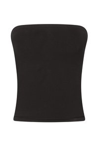 Top nero senza spalline realizzato in tessuto liscio, caratterizzato da una silhouette aderente con scollatura dritta e senza decorazioni aggiuntive.