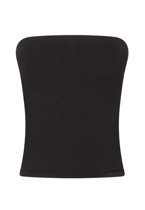 Schwarzes trägerloses Oberteil aus glattem Stoff, das eine taillierte Silhouette mit geradem Ausschnitt und ohne zusätzliche Verzierungen aufweist.