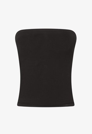 Zwarte strapless top van gladde stof, met een aansluitende pasvorm, rechte halslijn en zonder extra versieringen.