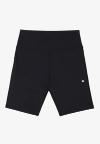 Pantalones cortos deportivos negros con una cinturilla alta, fabricados con una tela suave, que presentan un pequeño logo blanco en la parte inferior izquierda y costuras planas.