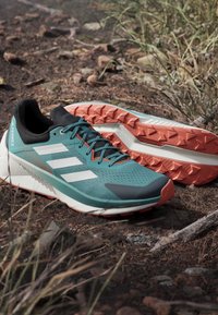 Paar türkisfarbene und orange Trailrunning-Schuhe, die auf felsigem, erdigen Boden mit trockenem Gras liegen.