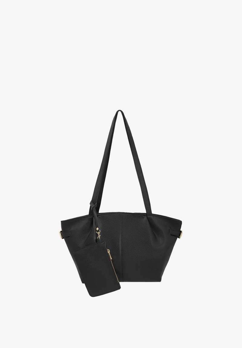 Sac à bandoulière en cuir noir texturé avec longues sangles et pochette zippée attachée, design simple et structuré.