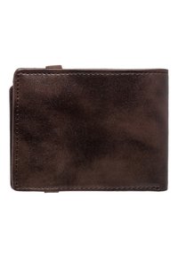 Cartera de cuero marrón oscuro con textura suave, forma rectangular y costuras en contraste a lo largo de los bordes. Diseño minimalista, sin hardware visible.
