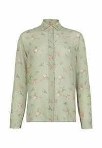 Lysegrøn langærmet skjorte med skjortekrave, prydet med et blomstermønster i pink og hvid, glat tekstur og løs pasform.