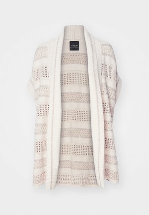 Knit cardigan in soft beige with open front, short sleeves, striped textures, and subtle shimmer detail throughout the fabric.