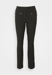 Pantalones negros de corte slim-fit confeccionados en una tela suave. Presentan dos bolsillos frontales con cremallera y un cierre con botón en la cintura. Diseño de pierna recta.