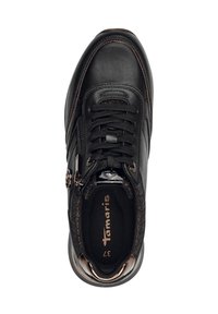 Black sneaker with textured leather, mesh panels, and bronze accents. Features laces, a side zipper, and a cushioned insole with logo detail.