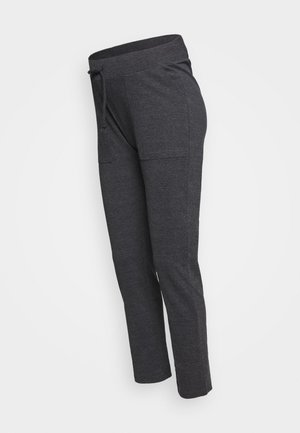 Pantalon de maternité gris foncé, coupe droite, avec taille élastique et cordon ajustable, doté de poches plaquées à l'avant.