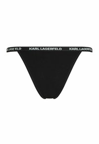 Sous-vêtement style bikini noir avec une fine ceinture présentant un texte blanc répété "Karl Lagerfeld".