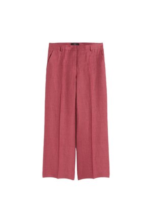 Pantaloni a vita alta e gamba larga in rosa polvere smorzato con tasche laterali e passanti per cintura, tagliati per una vestibilità rilassata.