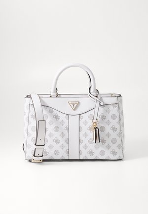 Sac à main blanc avec un design en motif gris. Comprend des poignées doubles, une bandoulière amovible et des accents en métal doré.