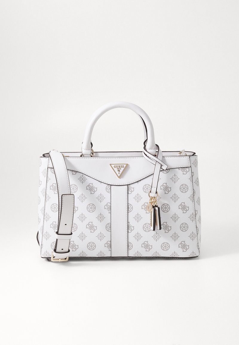 Borsa bianca con un design a motivo grigio. Include doppi manici, una tracolla removibile e dettagli in metallo dorato.