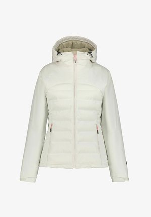 Weißer Pufferjacke mit abnehmbarem Kapuzen, durchgehendem Reißverschluss vorne, zwei Seitentaschen und dezenten rosa Akzenten an den Reißverschlüssen und Kordeln.