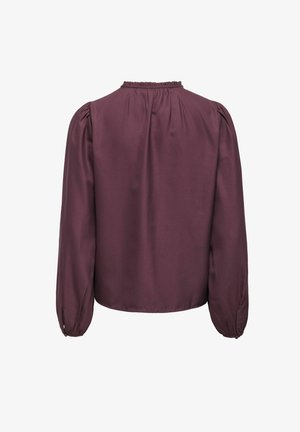 Tiefviolette Bluse mit langen Ärmeln und gerafften Details am Rücken-Halsausschnitt sowie an den Ärmelbündchen, aus glattem, satinähnlichem Stoff, von hinten gezeigt.