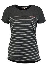 Svart kortärmad T-shirt med vita horisontella ränder, med en liten rosa broderad "love" detalj på framsidan. Mjukt bomullsmaterial.