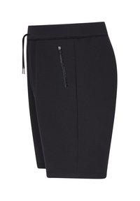 Zwarte shorts van zacht materiaal, met een tailleband met trekkoord en een ritszak aan de zijkant. Eenvoudig ontwerp met een rechte snit.