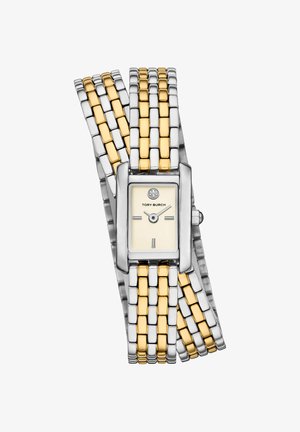 Rechthoekig zilver en goud schakelarmbandhorloge met crèmekleurige wijzerplaat, minimale markeringen, zilveren wijzers en Tory Burch-logo op 12 uur.