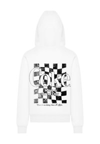 White hooded sweatshirt with black checkered pattern, featuring "Coke" and "Have a Good Day" text in bold font on the back.
