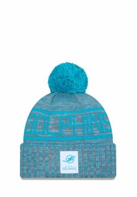 Türkisfarbene Strickmütze mit einem Pompon, mit einem hellgrauen Bund und dem Textmuster "DOLPHINS". Enthält ein Logo-Patch am Bund.