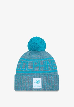 Türkisfarbene Strickmütze mit einem Pompon, mit einem hellgrauen Bund und dem Textmuster "DOLPHINS". Enthält ein Logo-Patch am Bund.