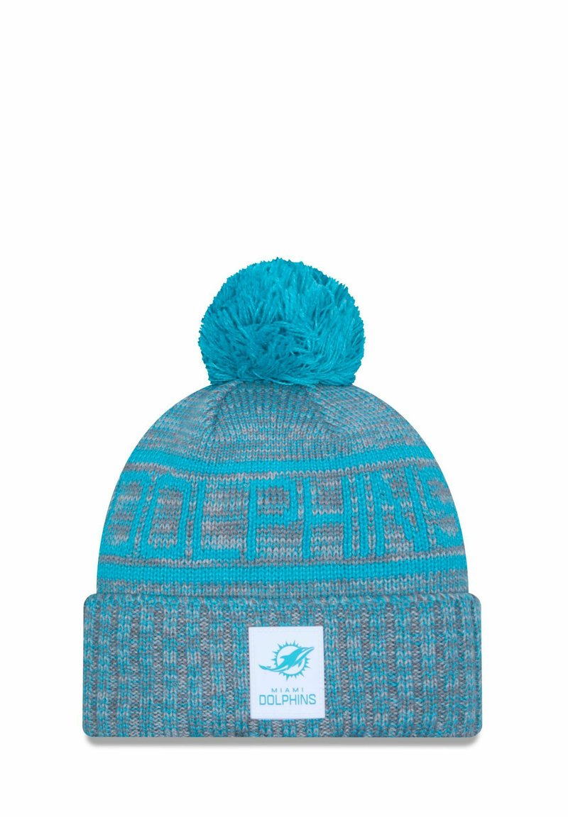 Türkisfarbene Strickmütze mit einem Pompon, mit einem hellgrauen Bund und dem Textmuster "DOLPHINS". Enthält ein Logo-Patch am Bund.