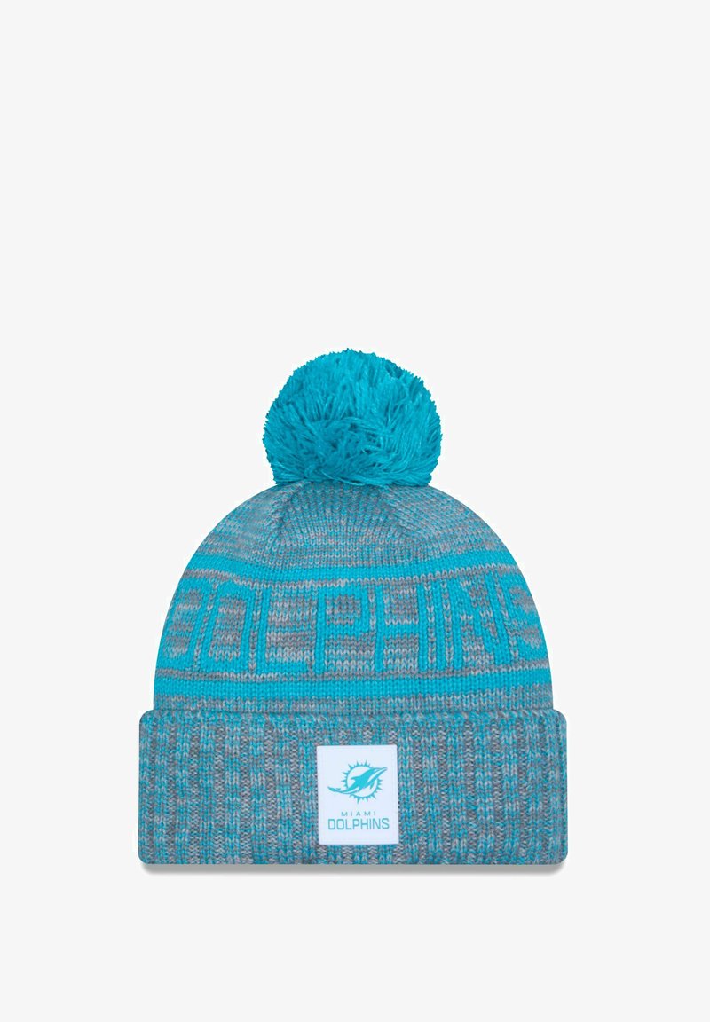 Türkisfarbene Strickmütze mit einem Pompon, mit einem hellgrauen Bund und dem Textmuster "DOLPHINS". Enthält ein Logo-Patch am Bund.