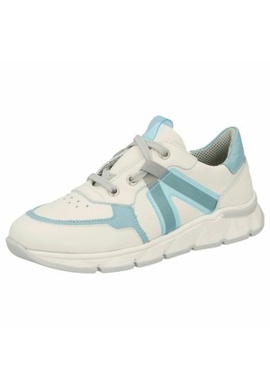 White and light blue low-top sneaker with laces, cushioned sole, and perforated toe area, angled to show outer side and front.