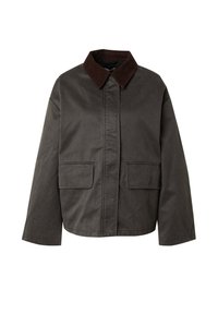 Donkergrijze katoenen jas met een bruine corduroy kraag, twee zakken aan de voorkant en een losse pasvorm. Glad textuur en eenvoudige afwerking.
