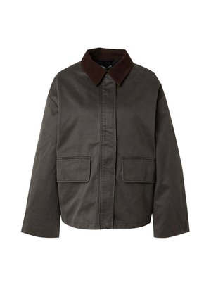 Dark gray cotton jacket with a brown corduroy collar, two front pockets, and a loose fit design. Smooth texture and simple craftsmanship.