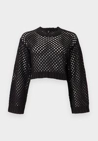 Sweatshirt noir court avec un design en tricot ouvert, un col en rib et de larges manches longues avec une finition texturée.