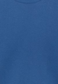 Pull bleu col rond avec une texture fine en maille et un col côtelé, présenté à plat sans motifs ni logos visibles.